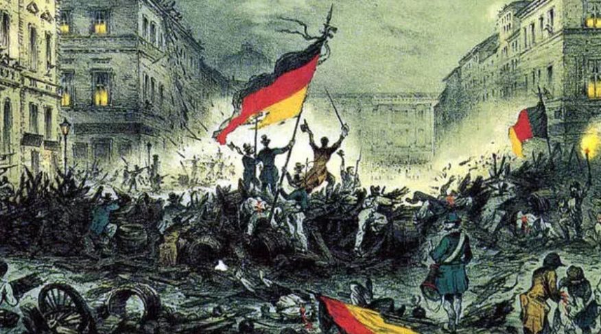 Um cartão postal contemporâneo que comemora a luta nas barricadas em Berlim na noite de 18 de março de 1848.
Foto: Wikimedia Commons
